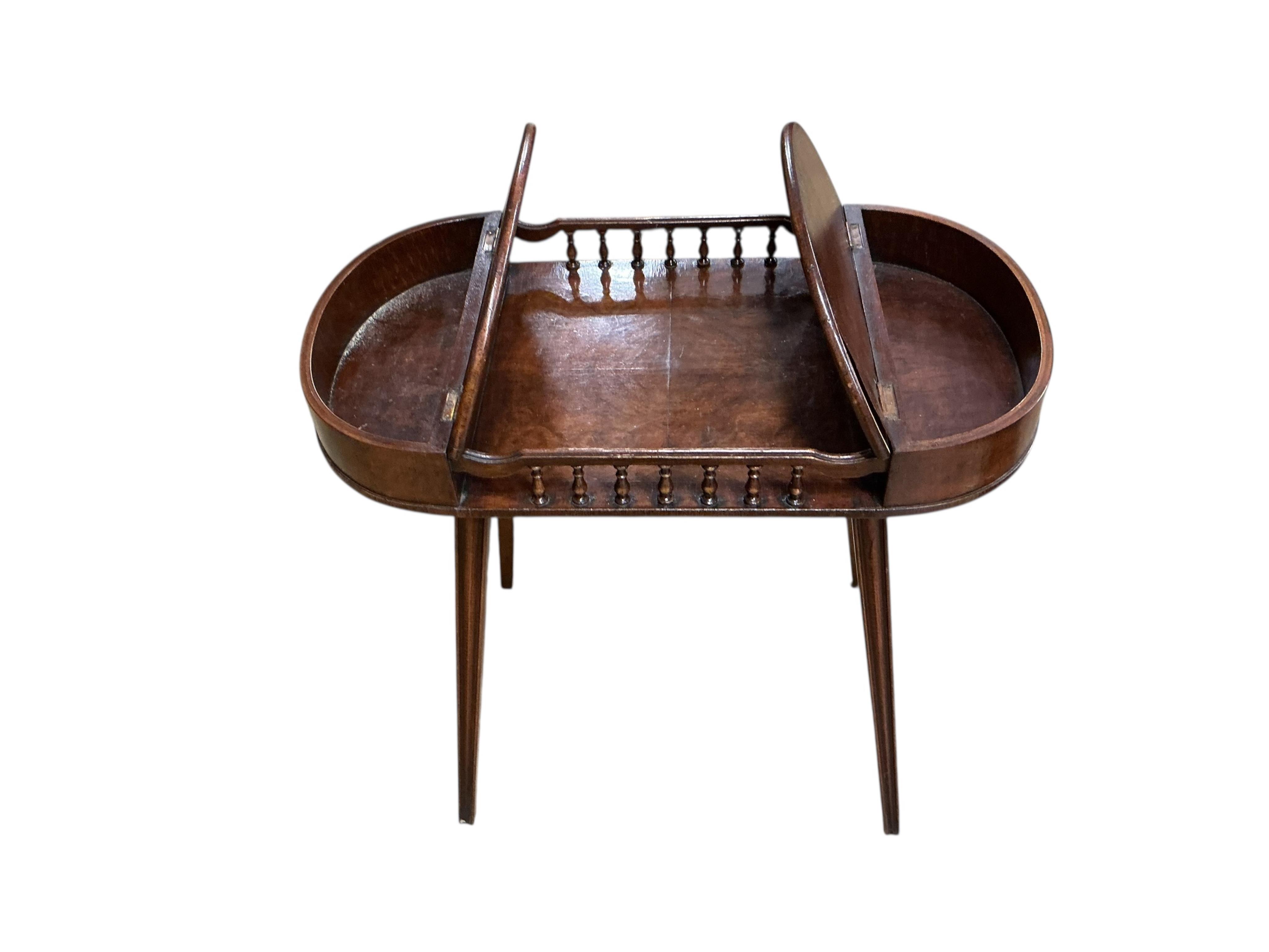 A Regency rosewood work table, width 58cm, depth 38cm, height 71cm together with a later walnut work table and a triple dressing table mirror